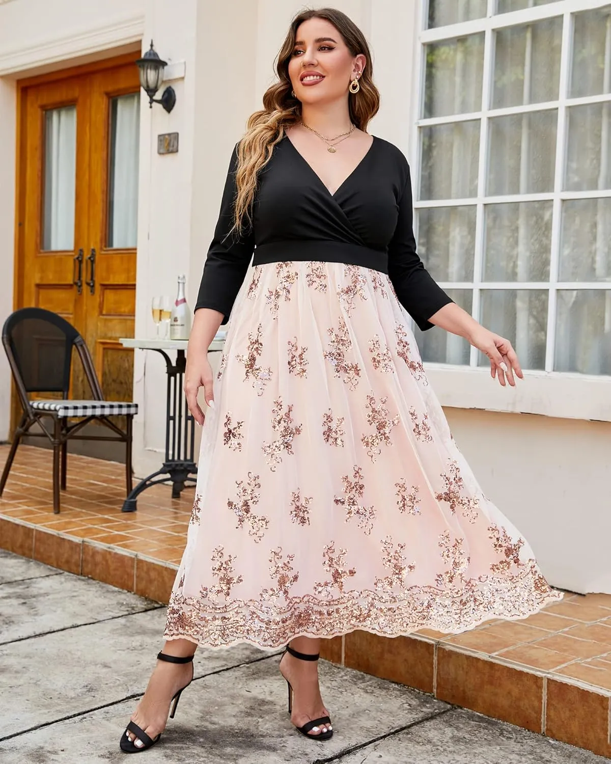 GRAPENT Women's Plus Size Sequin 3/4 Sleeves Evening Gown Party Long Maxi Dress