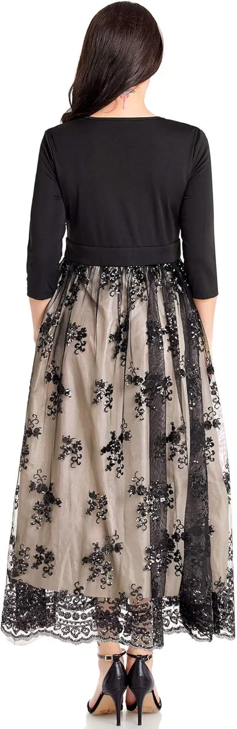 GRAPENT Women's Plus Size Sequin 3/4 Sleeves Evening Gown Party Long Maxi Dress