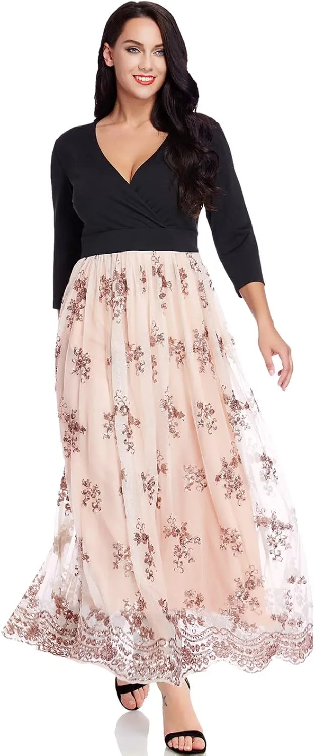 GRAPENT Women's Plus Size Sequin 3/4 Sleeves Evening Gown Party Long Maxi Dress
