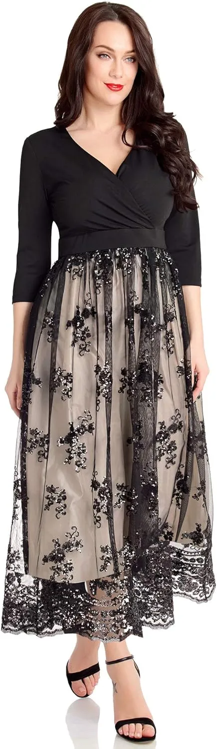 GRAPENT Women's Plus Size Sequin 3/4 Sleeves Evening Gown Party Long Maxi Dress