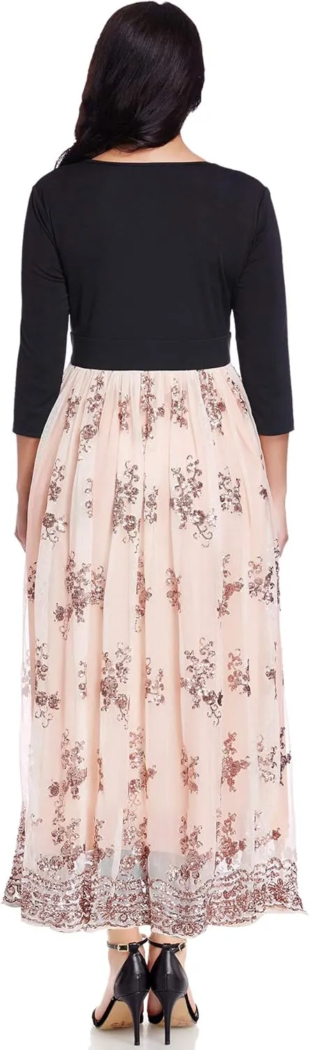 GRAPENT Women's Plus Size Sequin 3/4 Sleeves Evening Gown Party Long Maxi Dress
