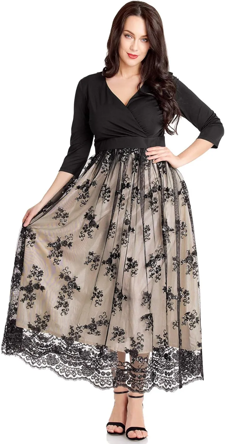 GRAPENT Women's Plus Size Sequin 3/4 Sleeves Evening Gown Party Long Maxi Dress