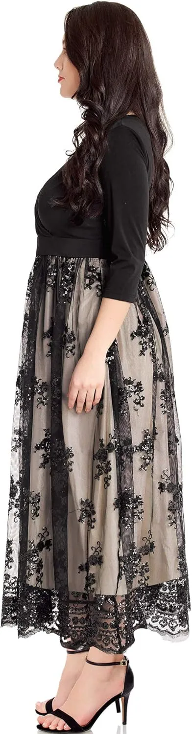 GRAPENT Women's Plus Size Sequin 3/4 Sleeves Evening Gown Party Long Maxi Dress