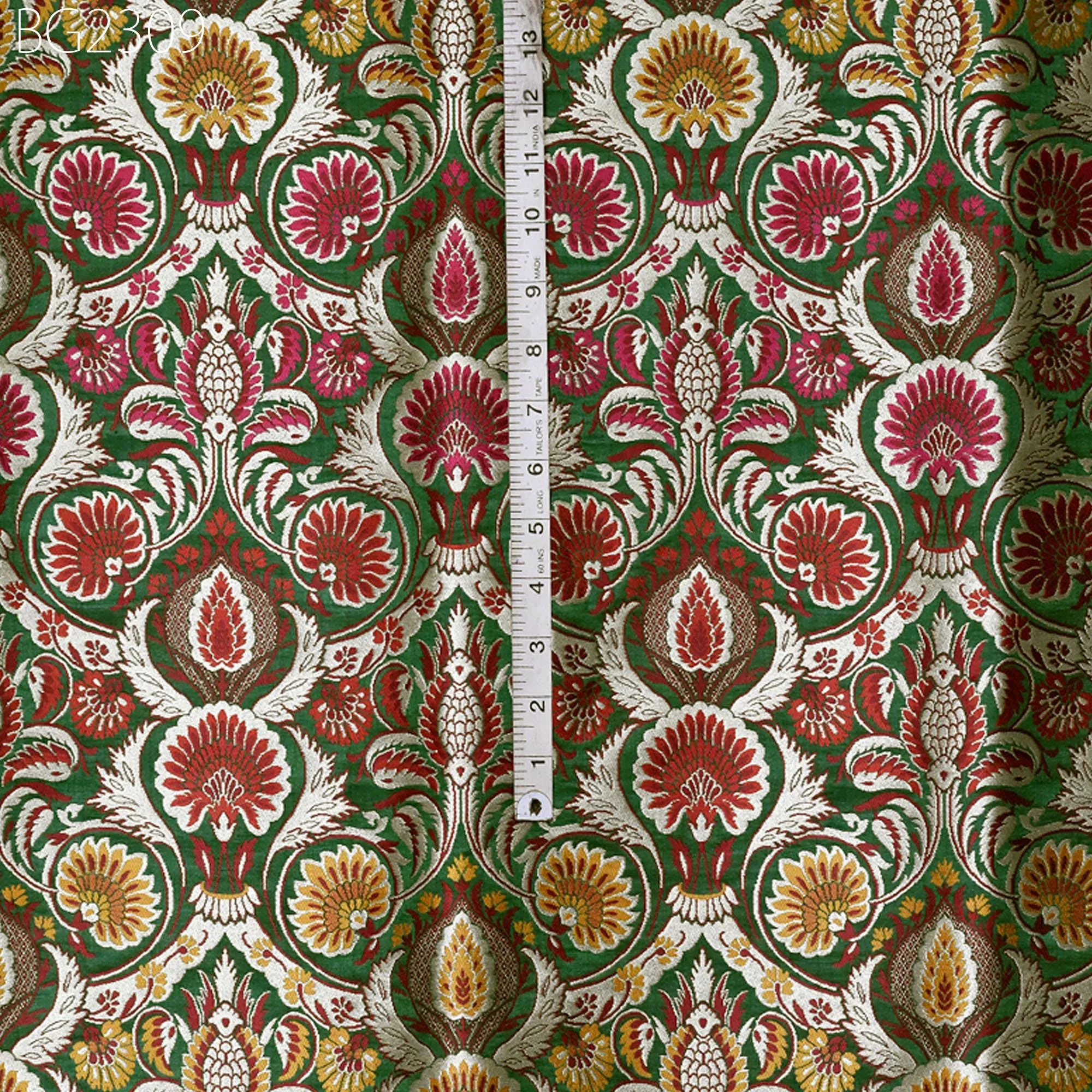 Green Brocade Fabric by the Yard Banarasi Indian Bridal Wedding Dresses Varanasi Blended Silk DIY Crafting Sewing Costumes Lehenga Drapery