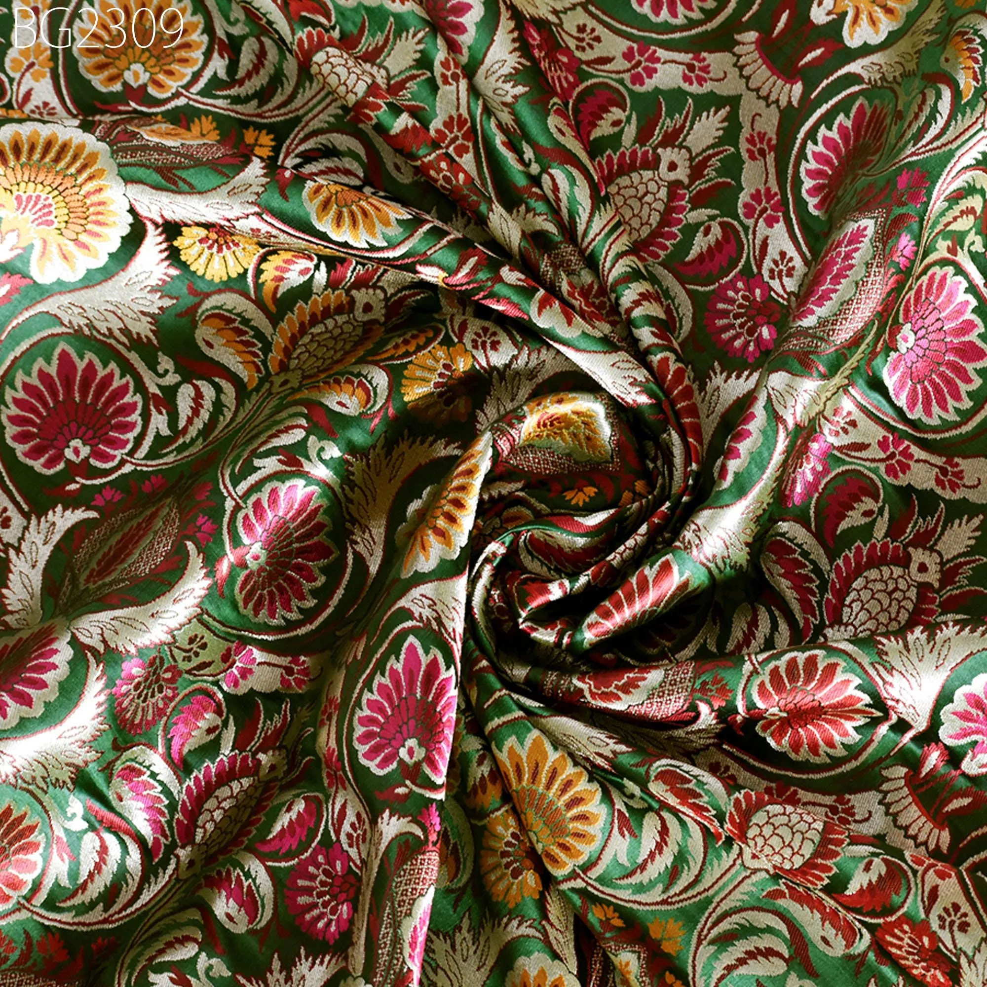 Green Brocade Fabric by the Yard Banarasi Indian Bridal Wedding Dresses Varanasi Blended Silk DIY Crafting Sewing Costumes Lehenga Drapery