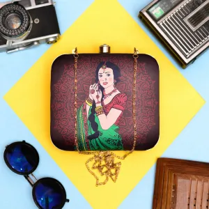 Green Saree Woman  Printed Square Clutch