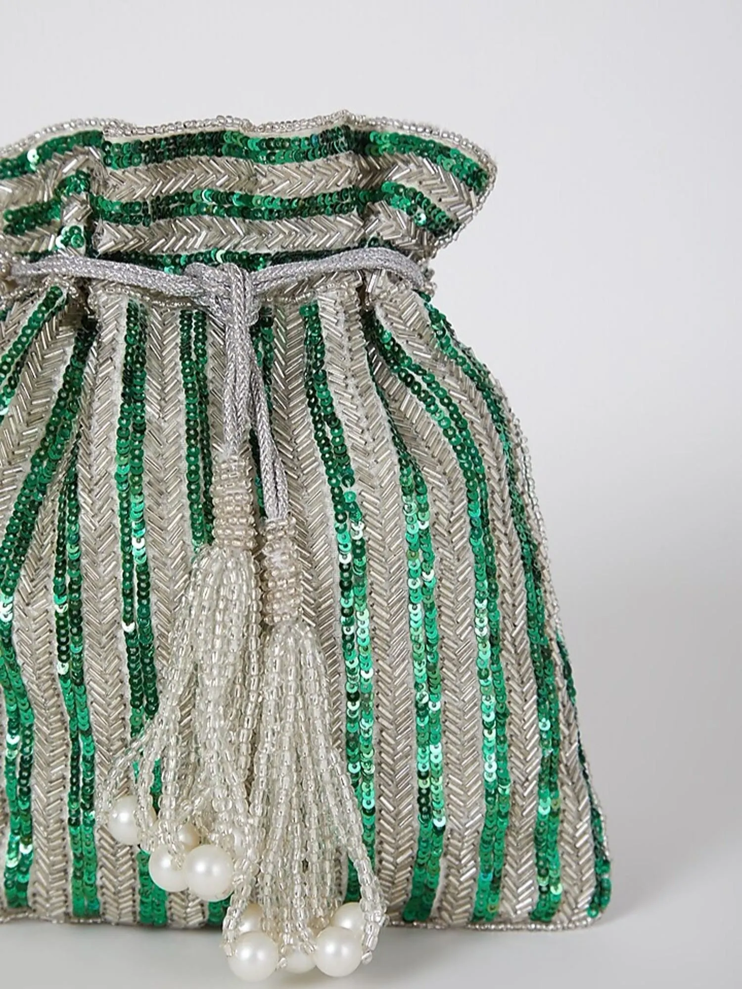 Green Sequins Handembroidered Potli (With minor imperfections)