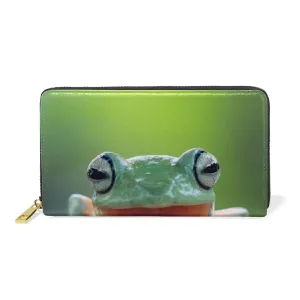 Green Tree Frog on Green Tree Branches Green Pattern Women Leather Zipper Long Wallet, Coin Clutch Pouch Pocket Key CardLarge Capacity Organizer Slim Cover Case Change Purse Holder