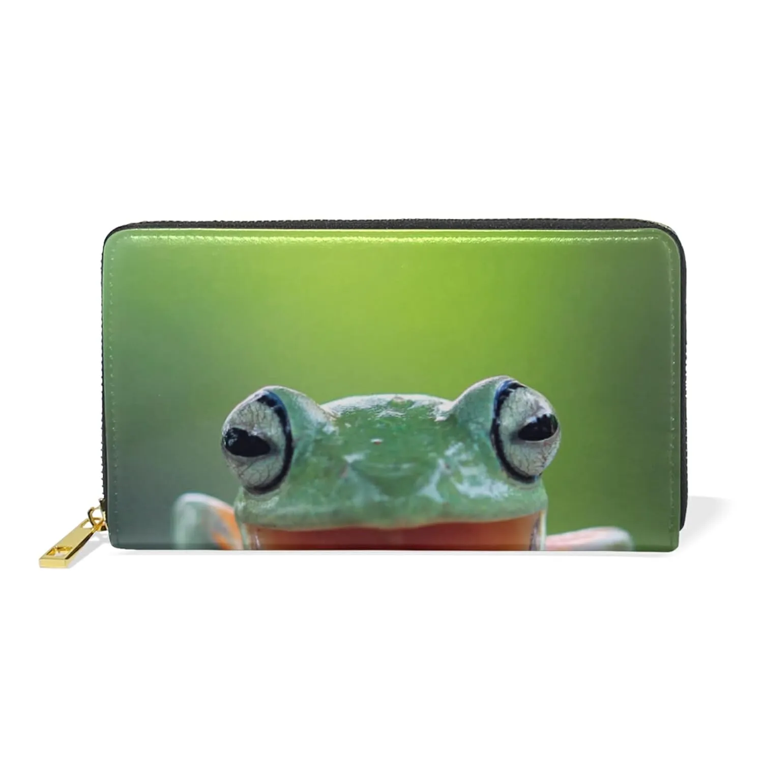 Green Tree Frog on Green Tree Branches Green Pattern Women Leather Zipper Long Wallet, Coin Clutch Pouch Pocket Key CardLarge Capacity Organizer Slim Cover Case Change Purse Holder