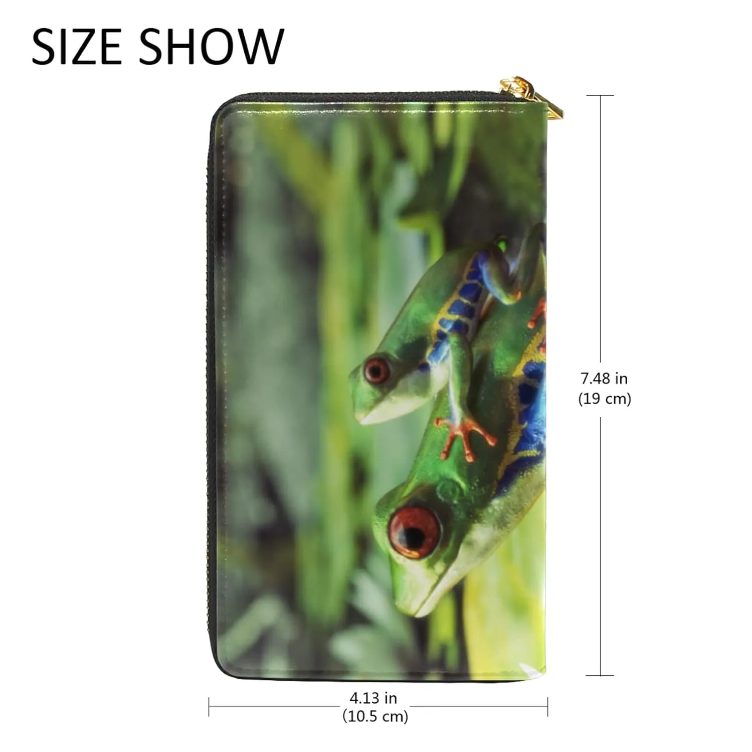 Green Tree Frog with Baby on Back Water Lilies Green Pond Women Leather Zipper Long Wallet, Coin Clutch Pouch Pocket Key CardLarge Capacity Organizer Slim Cover Case Change Purse Holder
