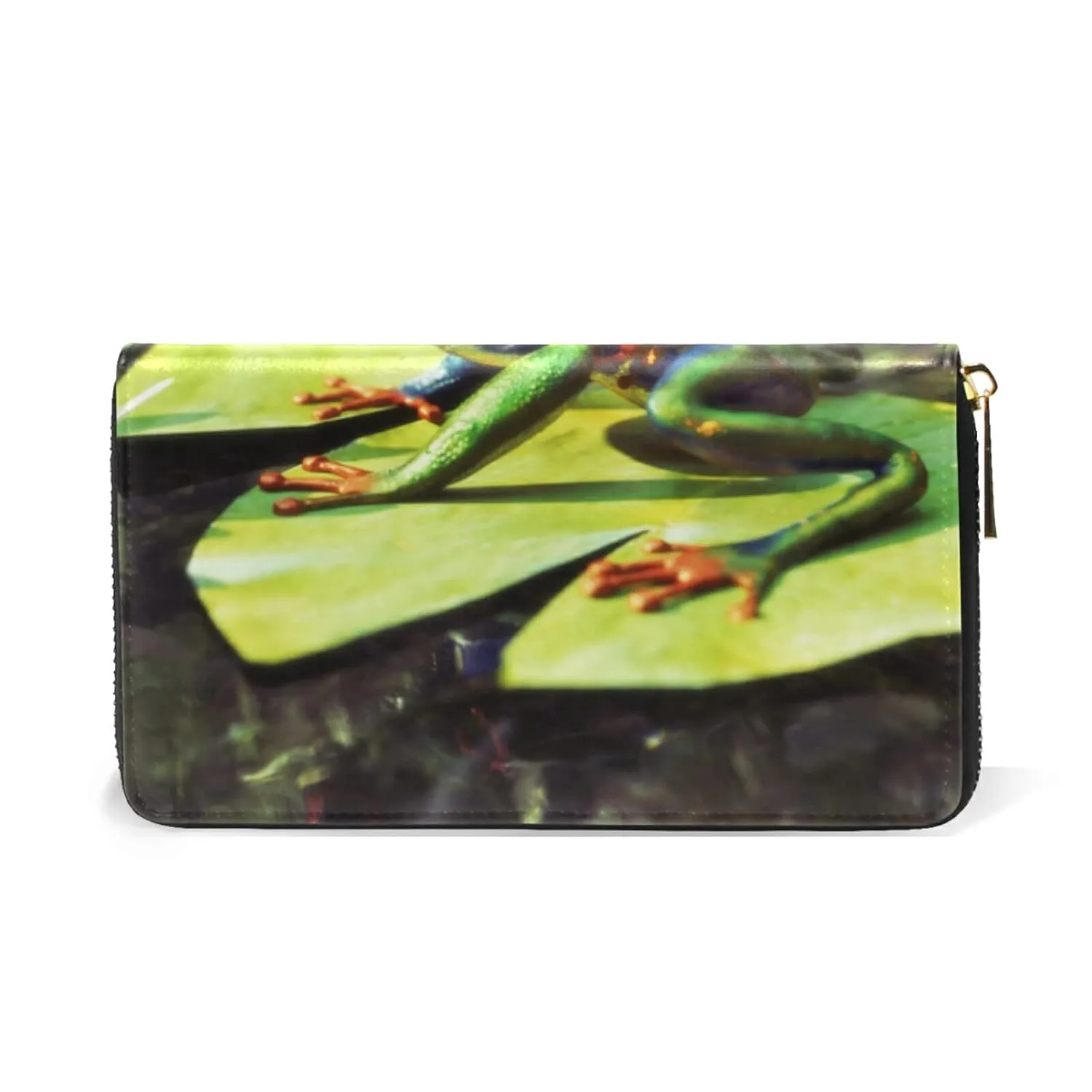 Green Tree Frog with Baby on Back Water Lilies Green Pond Women Leather Zipper Long Wallet, Coin Clutch Pouch Pocket Key CardLarge Capacity Organizer Slim Cover Case Change Purse Holder