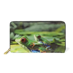 Green Tree Frog with Baby on Back Water Lilies Green Pond Women Leather Zipper Long Wallet, Coin Clutch Pouch Pocket Key CardLarge Capacity Organizer Slim Cover Case Change Purse Holder