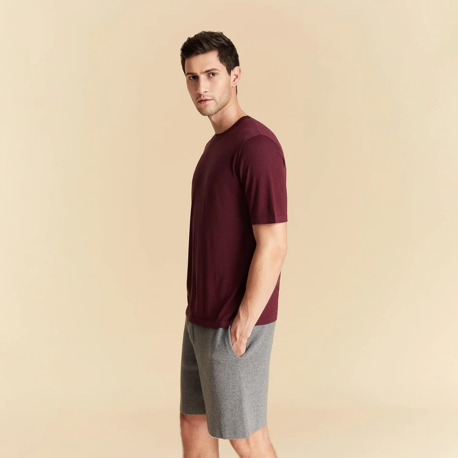 GreenMount Summer Silk Cashmere Essential Round Neck T-Shirt Light Weight Short Sleeve for Men