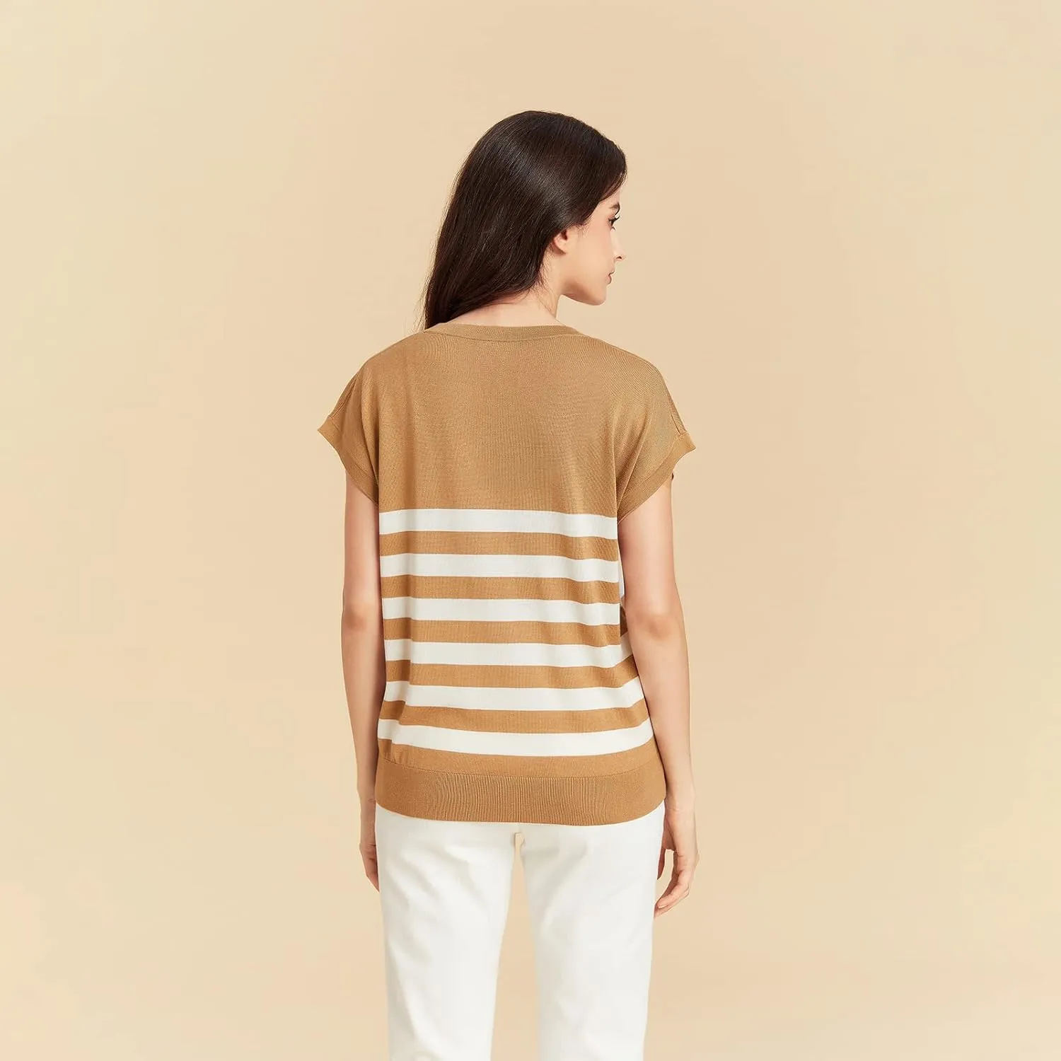 GreenMount Women's Silk Cashmere Classics V-Neck Striped T-Shirt Loose Casual Summer Tee