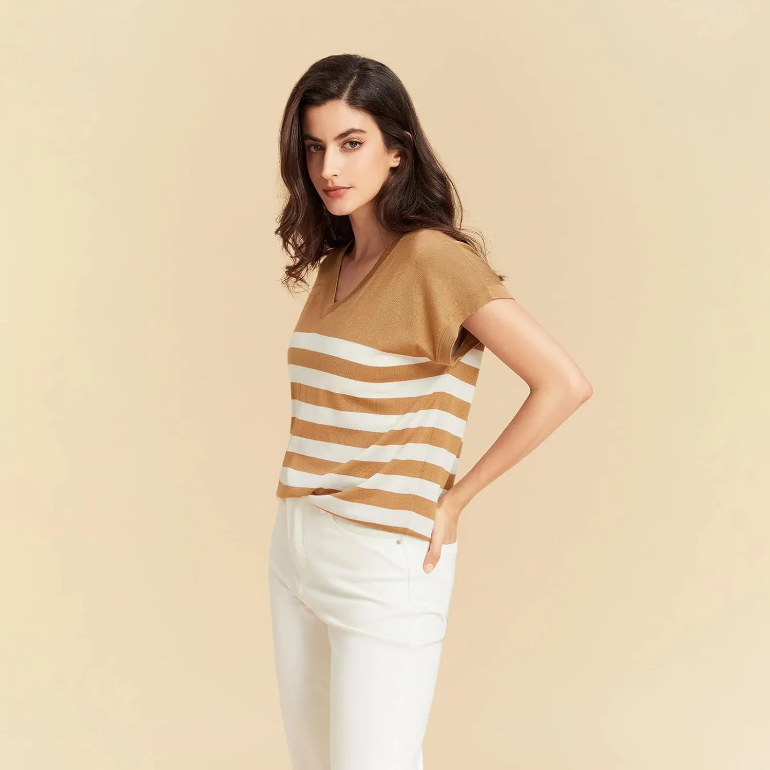 GreenMount Women's Silk Cashmere Classics V-Neck Striped T-Shirt Loose Casual Summer Tee