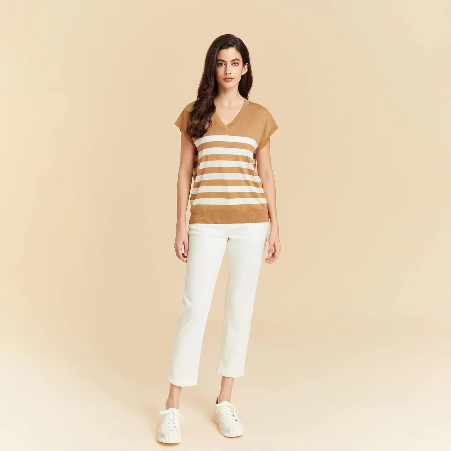 GreenMount Women's Silk Cashmere Classics V-Neck Striped T-Shirt Loose Casual Summer Tee