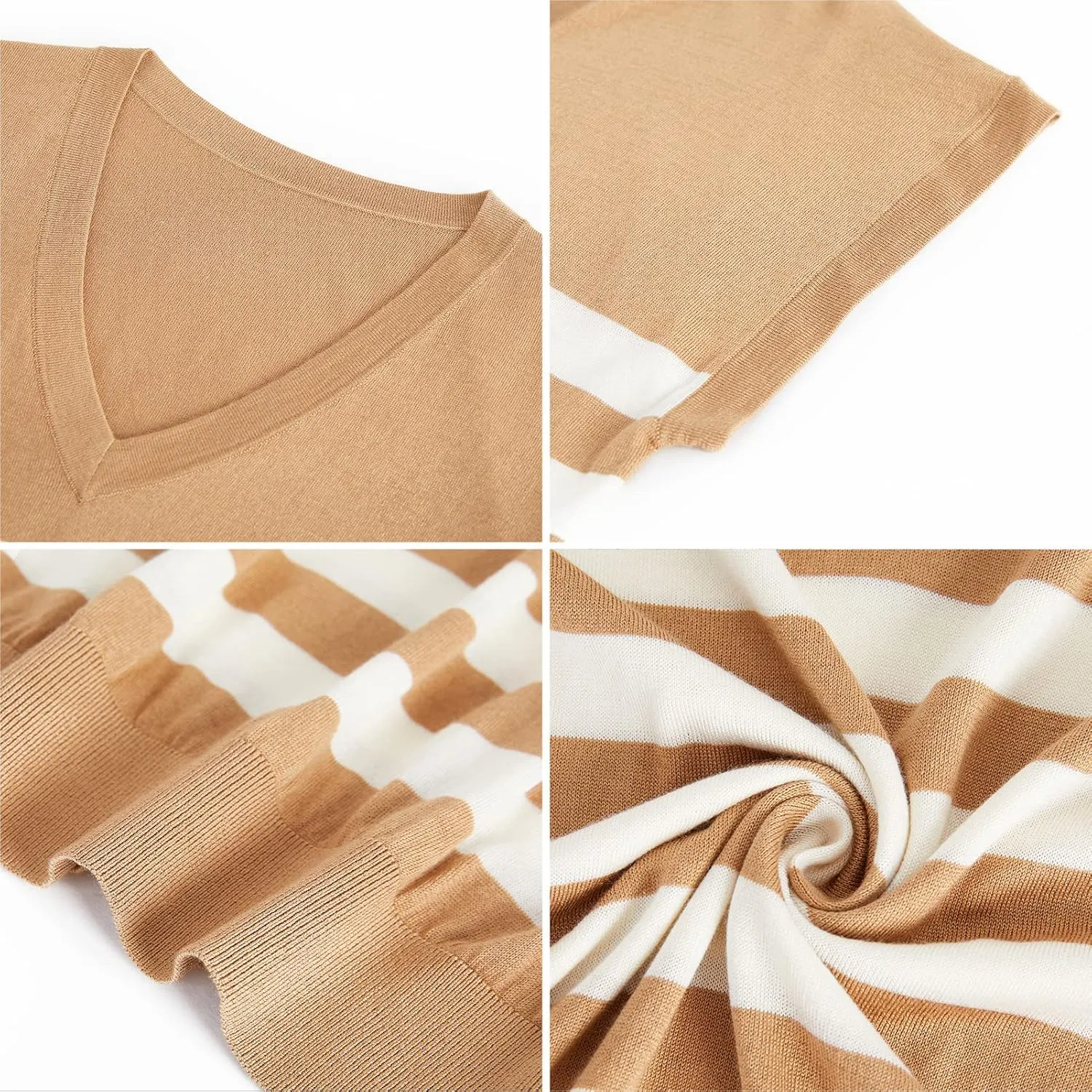 GreenMount Women's Silk Cashmere Classics V-Neck Striped T-Shirt Loose Casual Summer Tee