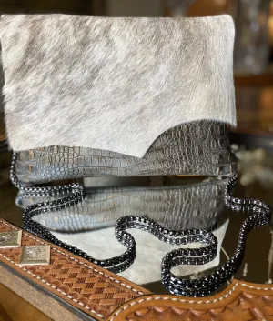 Grey Gator Body With Cowhide Flap Clutch