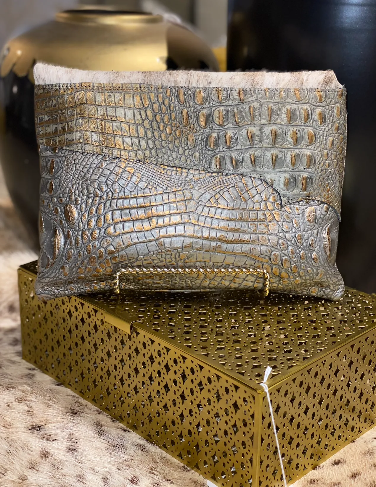 Grey Gator Body With Cowhide Flap Clutch