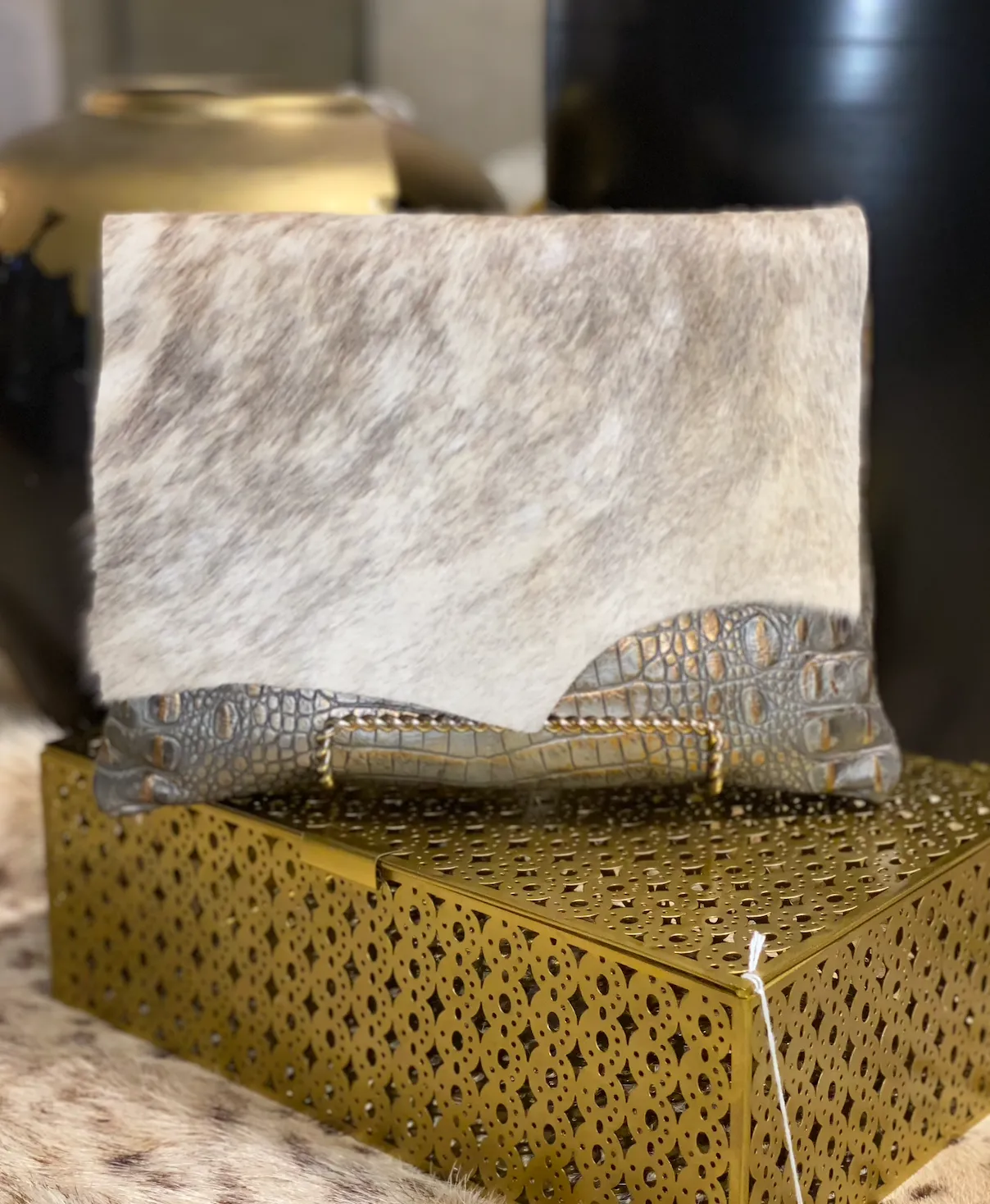 Grey Gator Body With Cowhide Flap Clutch
