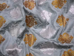 Grey Silver Gold Brocade Banarasi Fabric by the Yard Banaras Art Blended Silk for Wedding Dress Home Decor Table Runner Jacket Making Fabric