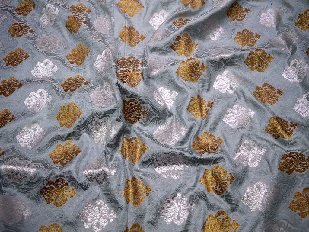 Grey Silver Gold Brocade Banarasi Fabric by the Yard Banaras Art Blended Silk for Wedding Dress Home Decor Table Runner Jacket Making Fabric