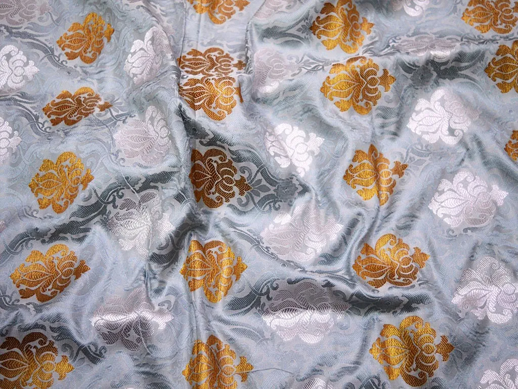 Grey Silver Gold Brocade Banarasi Fabric by the Yard Banaras Art Blended Silk for Wedding Dress Home Decor Table Runner Jacket Making Fabric
