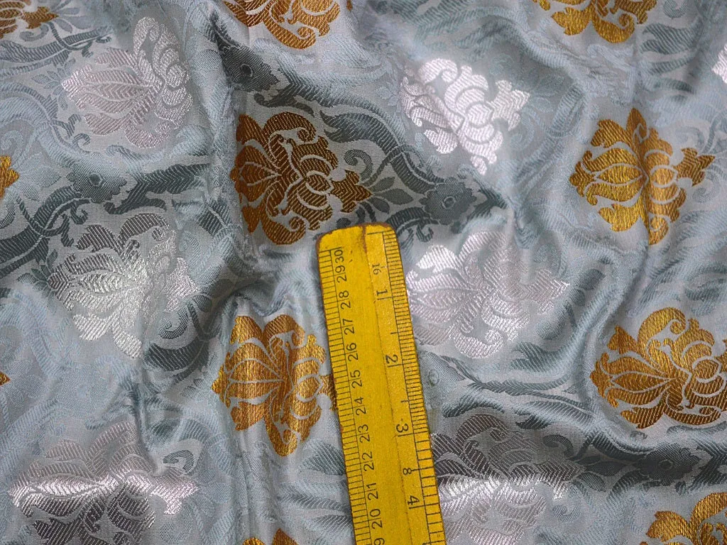 Grey Silver Gold Brocade Banarasi Fabric by the Yard Banaras Art Blended Silk for Wedding Dress Home Decor Table Runner Jacket Making Fabric