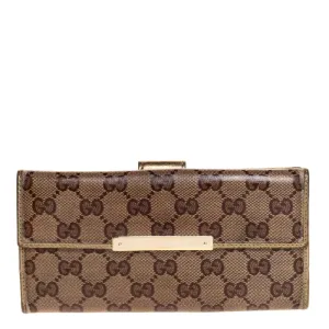 Gucci Beige/Gold GG Crystal Canvas and Leather Logo Metal Plate Continental Wallet