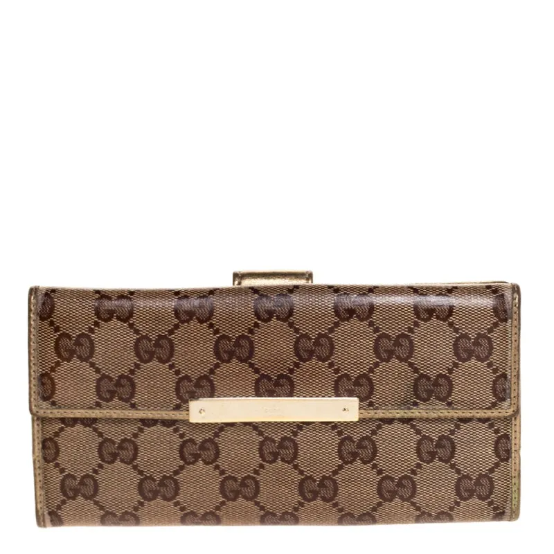 Gucci Beige/Gold GG Crystal Canvas and Leather Logo Metal Plate Continental Wallet