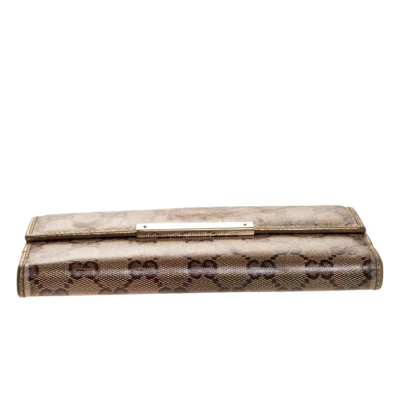 Gucci Beige/Gold GG Crystal Canvas and Leather Logo Metal Plate Continental Wallet