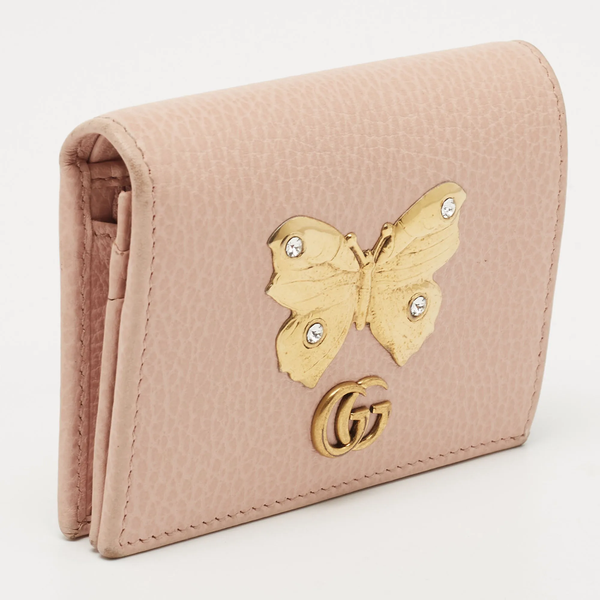 Gucci Light Pink Leather Butterfly Embellished Flap Card Case