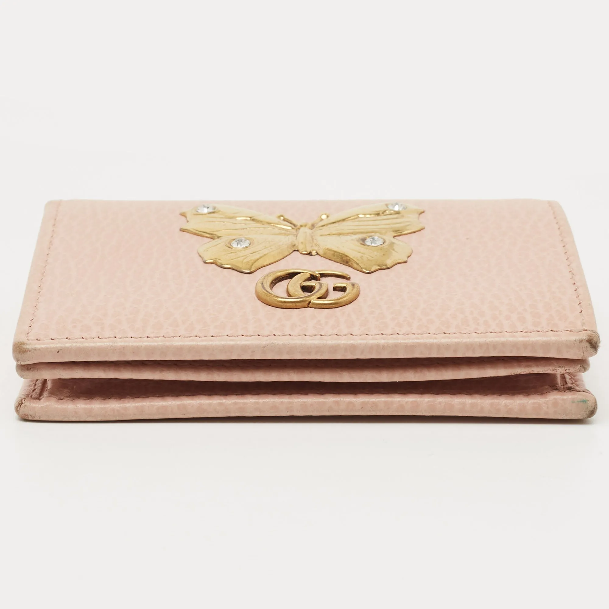 Gucci Light Pink Leather Butterfly Embellished Flap Card Case