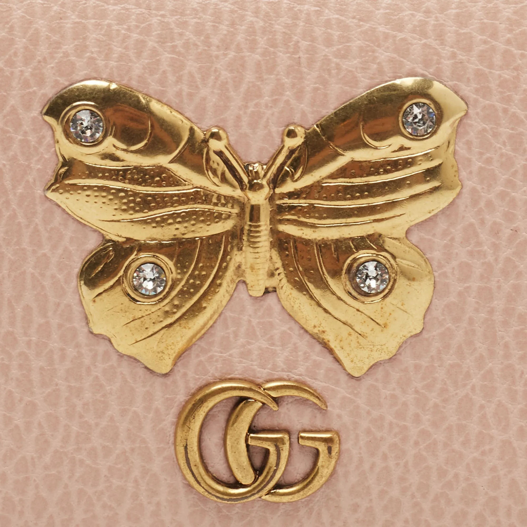 Gucci Light Pink Leather Butterfly Embellished Flap Card Case