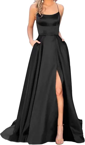 GUKARLEED Women's Satin Prom Dresses Long Formal Dress Evening Party Spaghetti Straps Backless Slit Ball Gown with Pockets