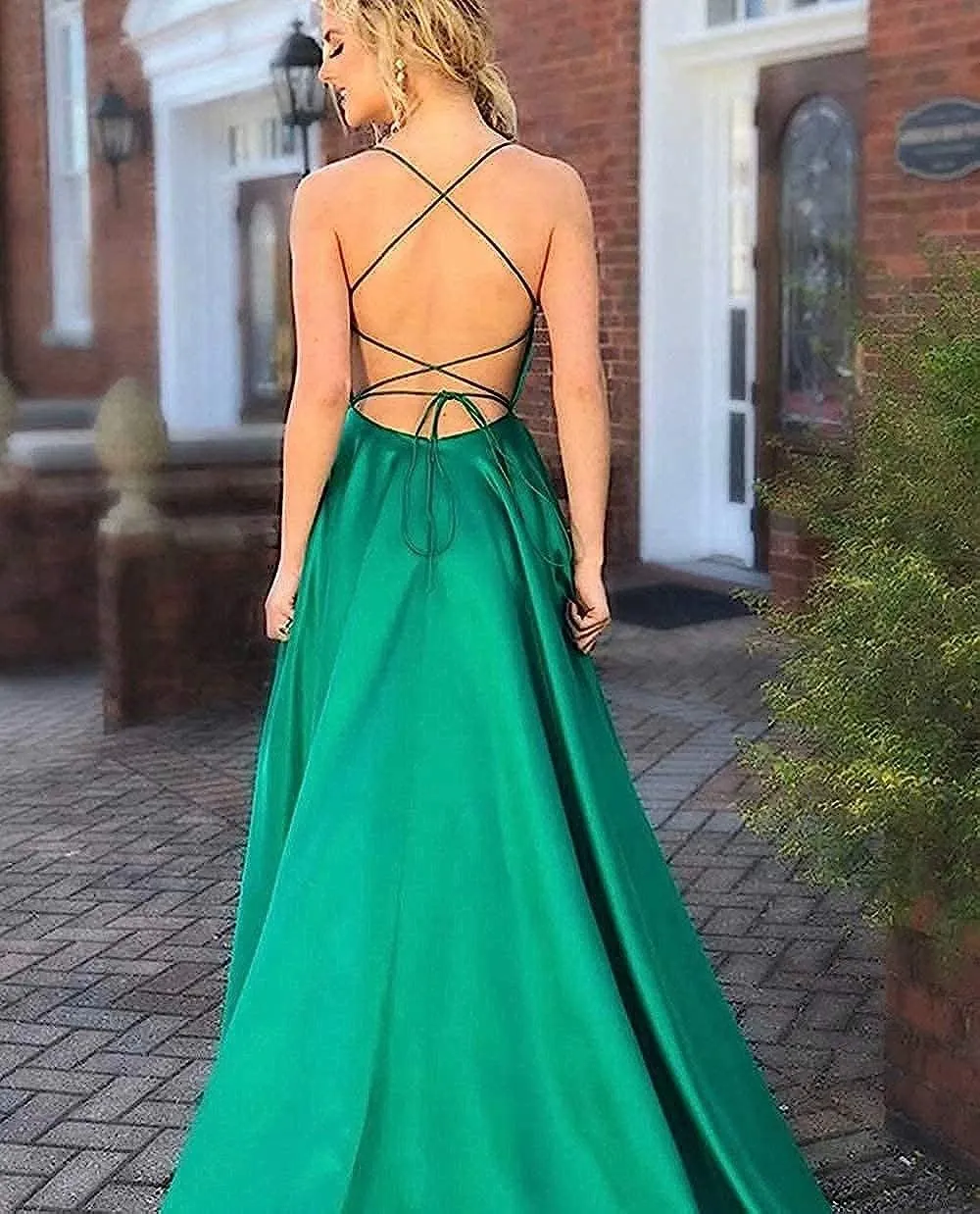 GUKARLEED Women's Satin Prom Dresses Long Formal Dress Evening Party Spaghetti Straps Backless Slit Ball Gown with Pockets