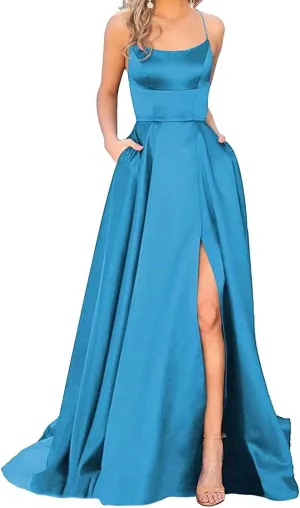 GUKARLEED Women's Satin Prom Dresses Long Formal Dress Evening Party Spaghetti Straps Backless Slit Ball Gown with Pockets
