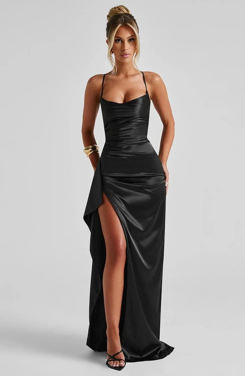 GUKARLEED Women’s Satin Prom Dresses Spaghetti Straps Formal Dres Slit Ruffles Mermaid Corset Cocktail Gown for Evening Party