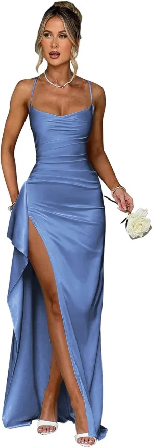 GUKARLEED Women’s Satin Prom Dresses Spaghetti Straps Formal Dres Slit Ruffles Mermaid Corset Cocktail Gown for Evening Party