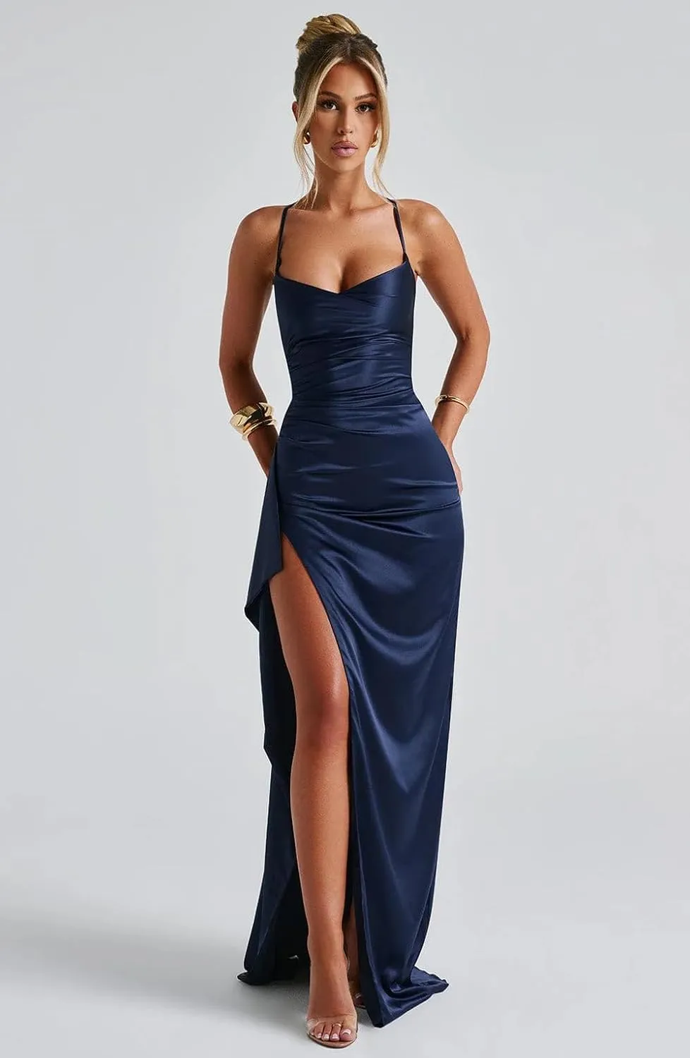 GUKARLEED Women’s Satin Prom Dresses Spaghetti Straps Formal Dres Slit Ruffles Mermaid Corset Cocktail Gown for Evening Party