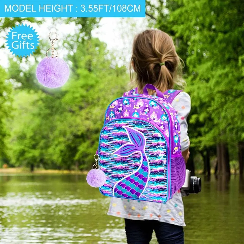 gxtvo 3PCS Girls Backpack, 16" Sequin Prechool Elementary Bookbag and Lunch Box