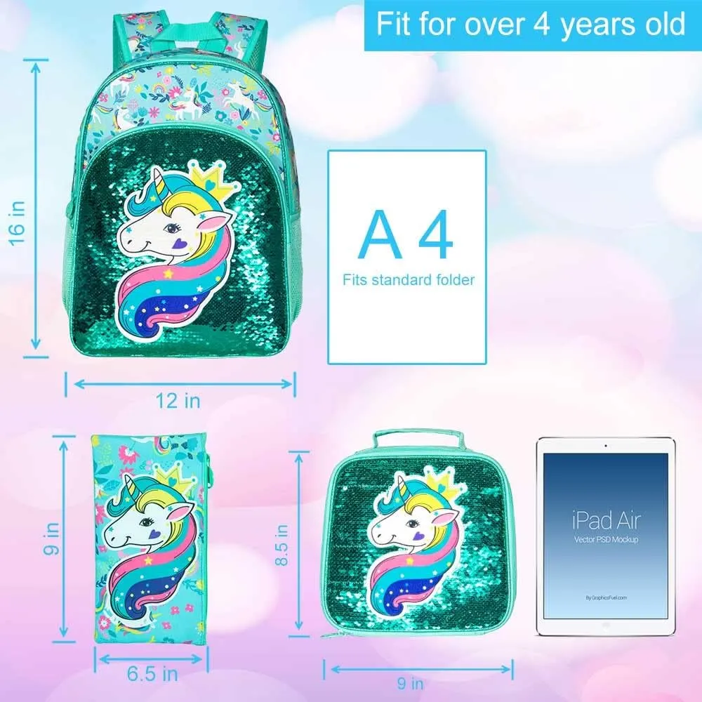 gxtvo 3PCS Girls Backpack, 16" Sequin Prechool Elementary Bookbag and Lunch Box