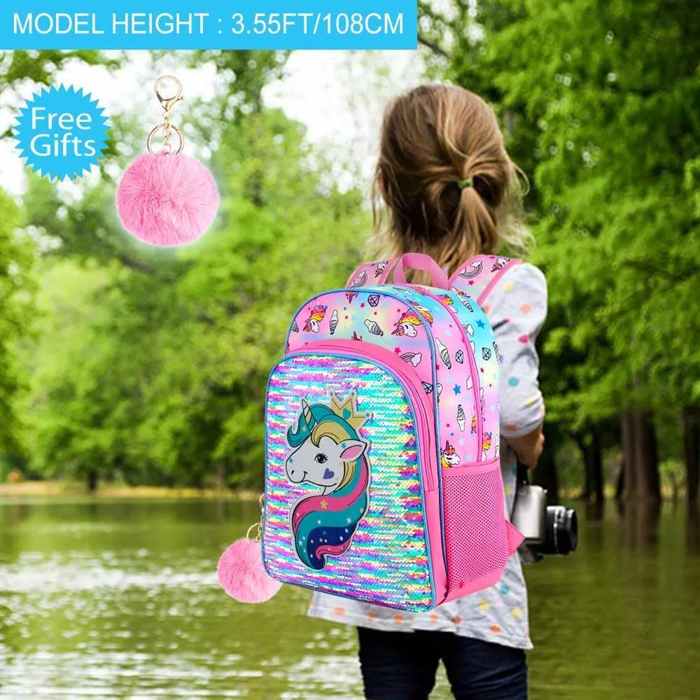gxtvo 3PCS Girls Backpack, 16" Sequin Prechool Elementary Bookbag and Lunch Box