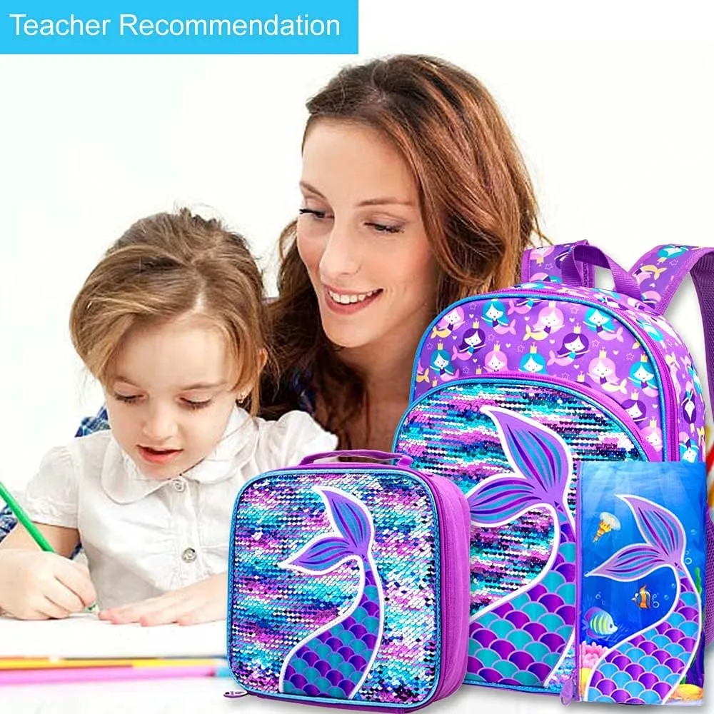 gxtvo 3PCS Girls Backpack, 16" Sequin Prechool Elementary Bookbag and Lunch Box