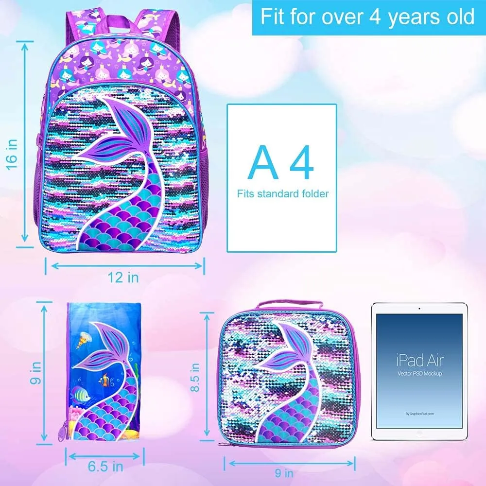 gxtvo 3PCS Girls Backpack, 16" Sequin Prechool Elementary Bookbag and Lunch Box