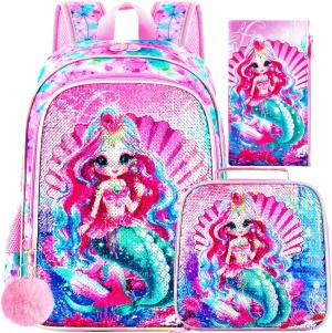 gxtvo 3PCS Girls Backpack, 16" Sequin Prechool Elementary Bookbag and Lunch Box