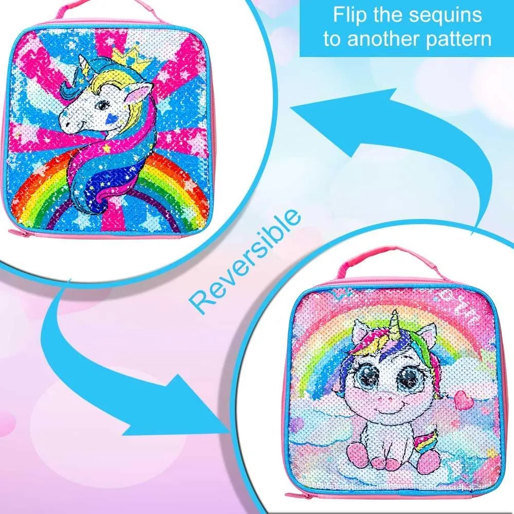 gxtvo 3PCS Girls Backpack, 16" Sequin Prechool Elementary Bookbag and Lunch Box