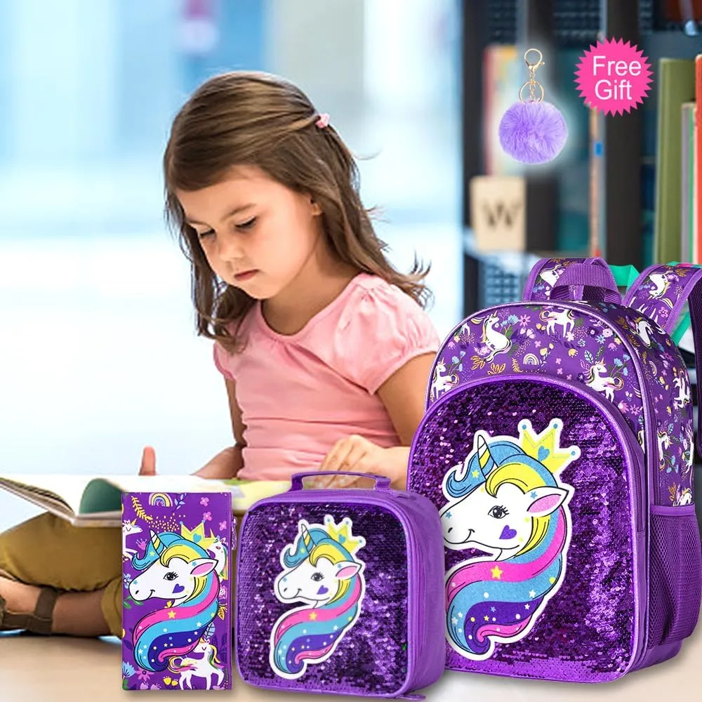 gxtvo 3PCS Girls Backpack, 16" Sequin Prechool Elementary Bookbag and Lunch Box