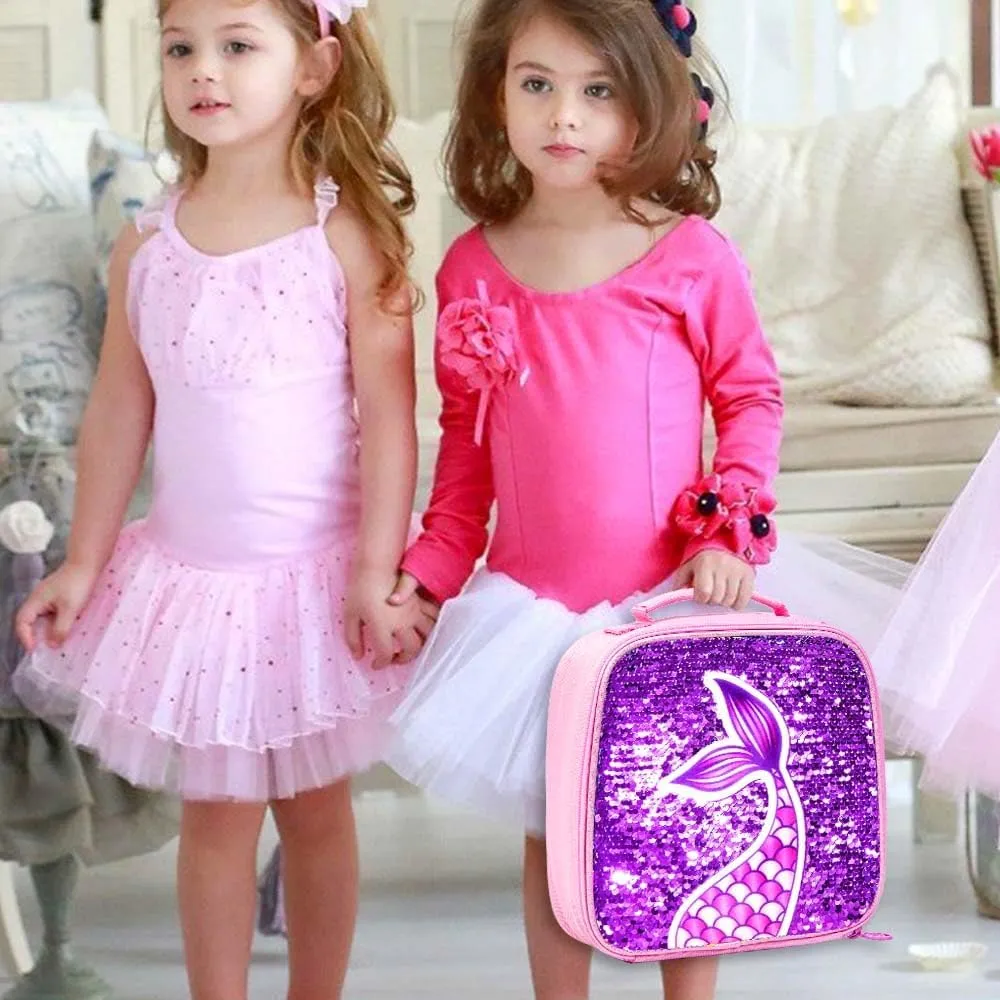 gxtvo 3PCS Girls Backpack, 16" Sequin Prechool Elementary Bookbag and Lunch Box