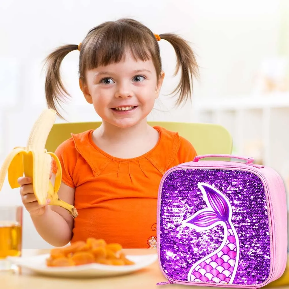 gxtvo 3PCS Girls Backpack, 16" Sequin Prechool Elementary Bookbag and Lunch Box